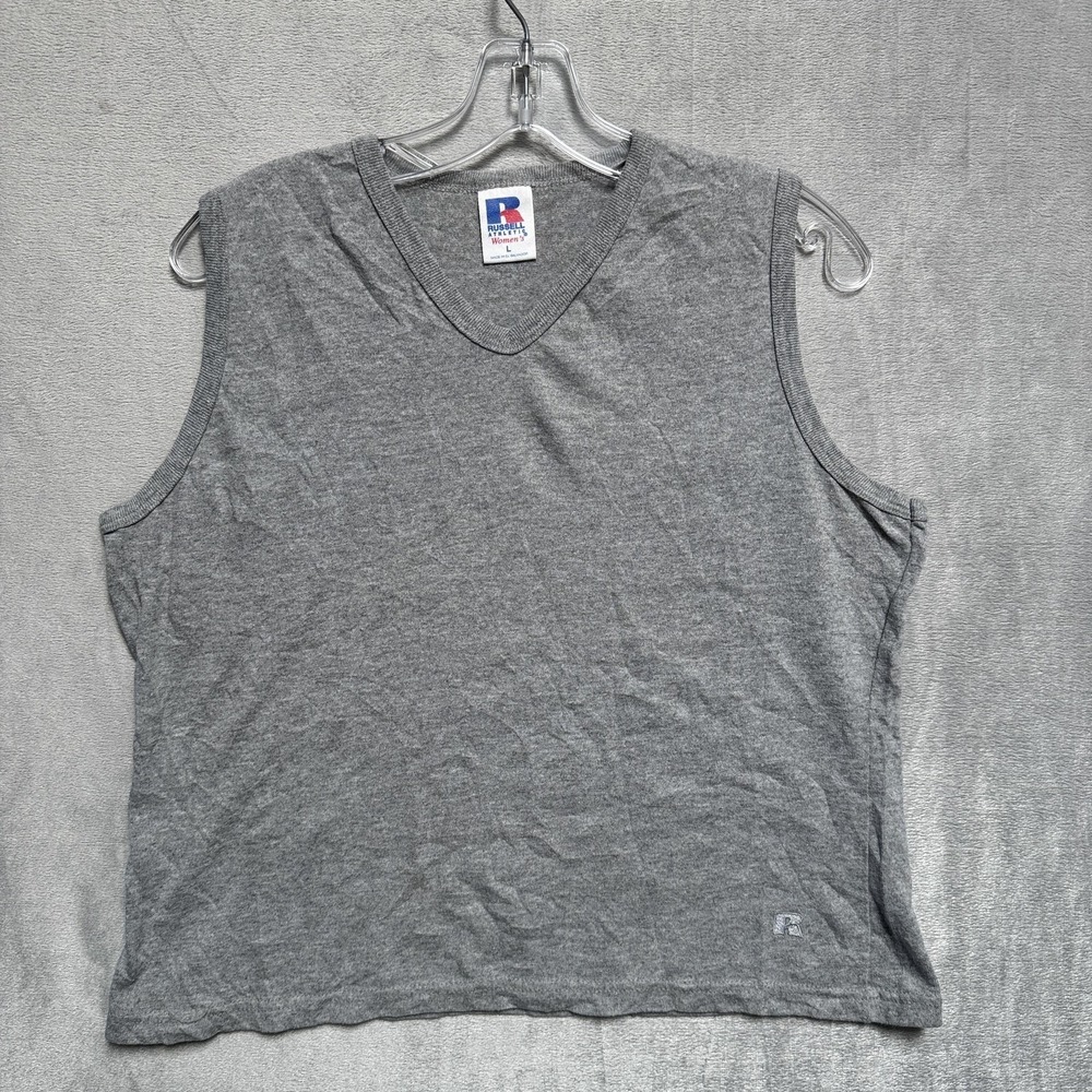 Russell Athletic Tank Top‎ Womens Large Gray V Neck Sleeveless Workout Gym Shirt